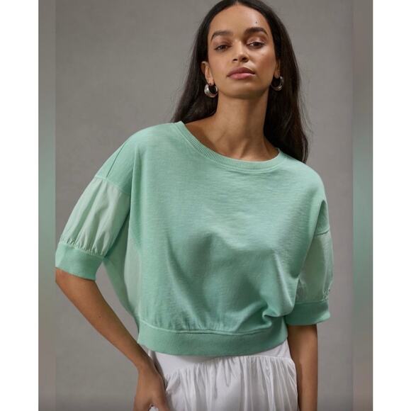 Anthropologie Pilcro Cropped Batwing Sweatshirt Mint Green Retro Style Top Med - Picture 1 of 12